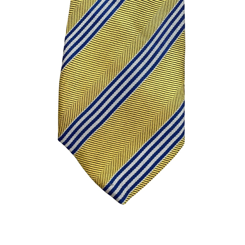 Mens Yellow Blue White Diagonal Striped Herringbone Weave Polyester Necktie